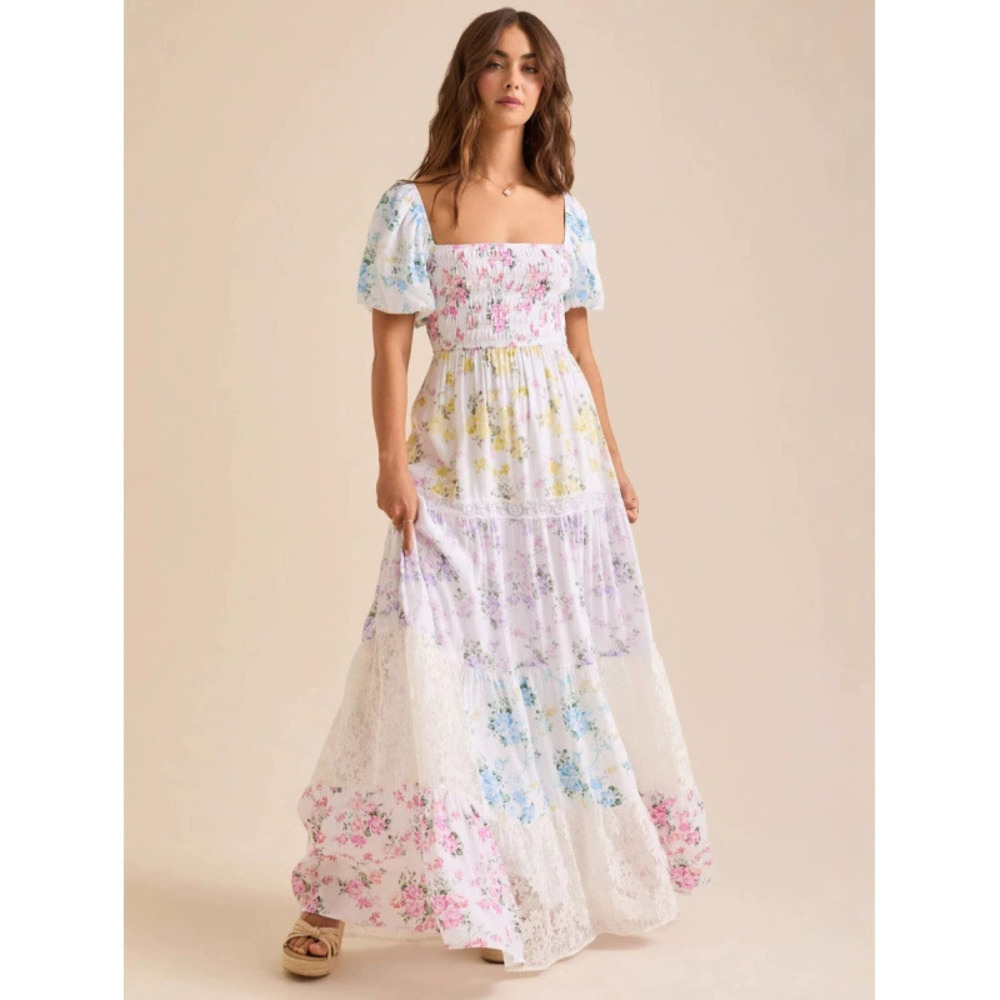 ZARA Spring Summer Puff Sleeve Printed Lace Corset Paneled Pleated Maxi Dress